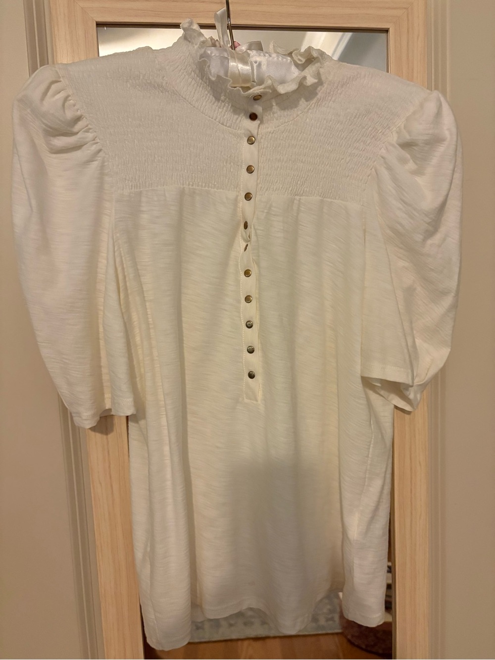 Nation White Ruffle Neck Button-Front Top